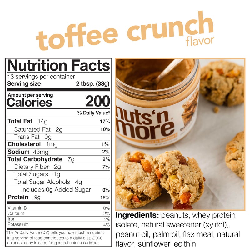nuts'n more Nuts ‘N More Toffee Crunch Peanut Butter Spread - High Protein, Low Carb, Low Sugar, Gluten Free, Non-GMO, All-Natural Nut Butter Snack (15oz Jar) - Image 2