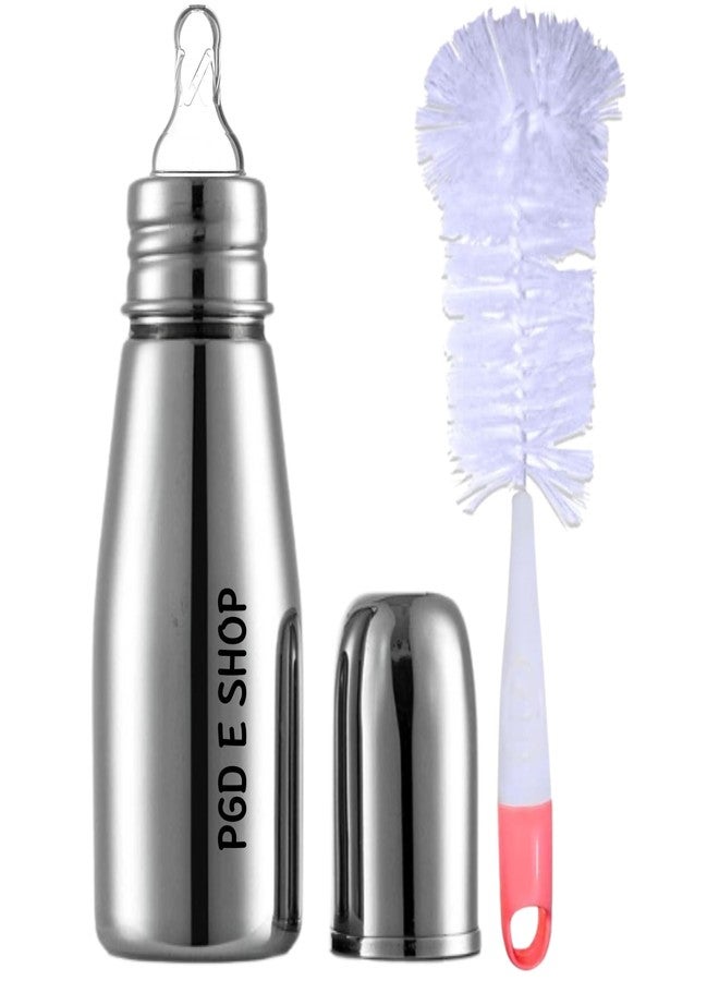 PGD Premium Stainless Steel Baby Feeding Bottle for Kids Milk/Water Feeding with Hook Handle Cleaning Brush (Slim 250ml with Hook Handle Brush) - Image 1
