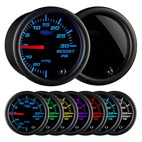 GLOWSHIFT مجموعة عداد ضغط/فراغ توربو 30 PSI من جلو شيفت مع 7 ألوان - تشمل خرطوم ميكانيكي، وصمام T، وأسلاك - عرض متعدد الألوان - قرص أسود - عدسة مدخنة - للسيارة والشاحنة - 2-1/16" 52mm - Image 1