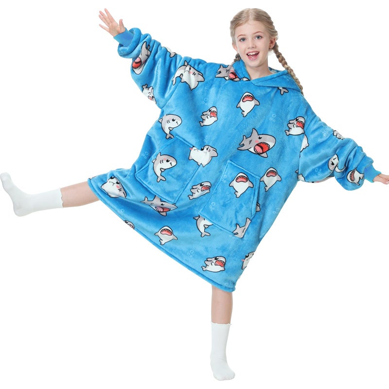 Aemicion Shark Blanket Hoodie for KidsBlue Wearable Blanket with Sleeves Fun Animal Themed Hooded for Boys Girls Cozy Fleece Gift for Play Lounging - Image 2