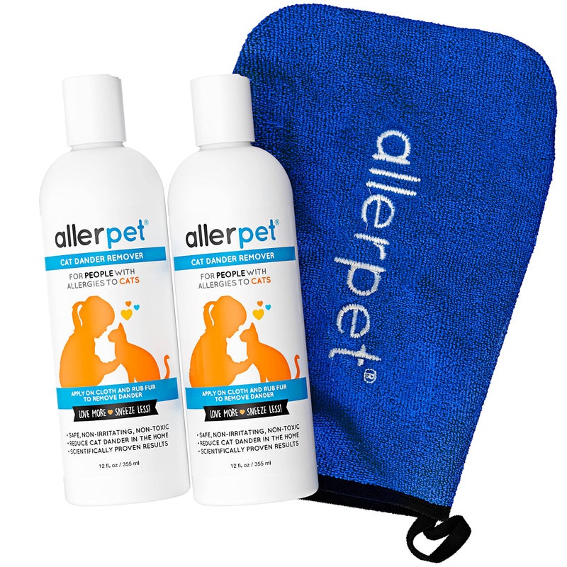 Allerpet مزيل شعر القطط Allerpet مع قفاز تطبيق مجاني - تقليل فعال لشعر القطط - حل مضاد للحساسية مصنوع في الولايات المتحدة - عبوتين (12 أونصة) - Image 1