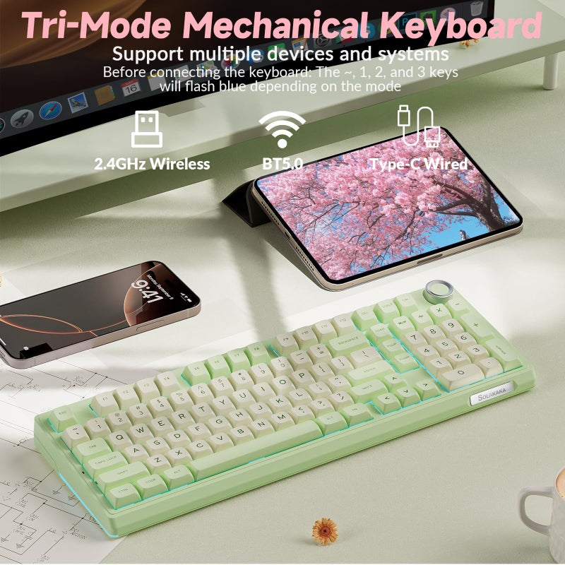 SOLAKAKA KI99 Pro Wireless Mechanical Keyboard Quiet Switch,Hot Swappable Pre-Lubed Switches Silent Keyboard with RGB Backlit,Gasket Structure Computer Gaming Keyboards(GreenWhite, Silent Switch) - Image 3