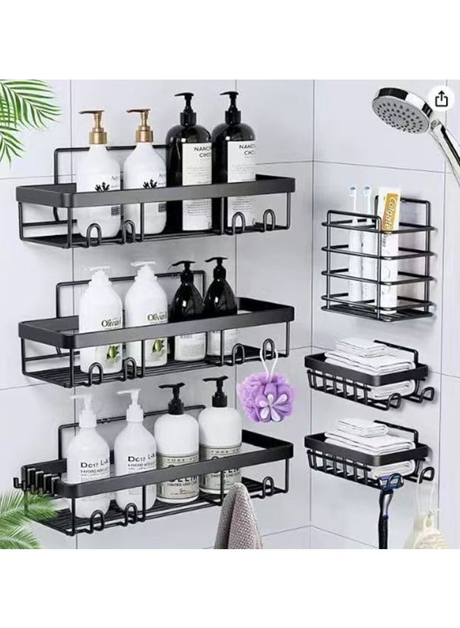 عام 6 علبة الدش، منظم الحمام اللاصق، بدون حفر، سعة كبيرة، منظم دش الحمام من الفولاذ المقاوم للصدأ مع 4 هوك، رفوف الدش الأسود الداخلي - Image 1