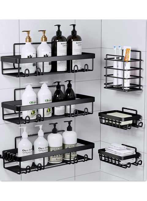 6 Pack Shower Caddy, Adhesive Bathroom Organizer, No Drilling, Large Capacity, Rustproof Stainless Steel Bathroom Shower Organizer with 4 Hooks, Shower Shelf for Inside Shower Black