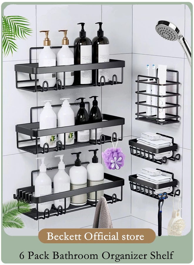 JIEZM 6 Pack Shower Caddy, Adhesive Bathroom Organizer, No Drilling, Large Capacity, Rustproof Stainless Steel Bathroom Shower Organizer with 6 Hooks, Shower Shelf for Inside Shower Black - Image 1