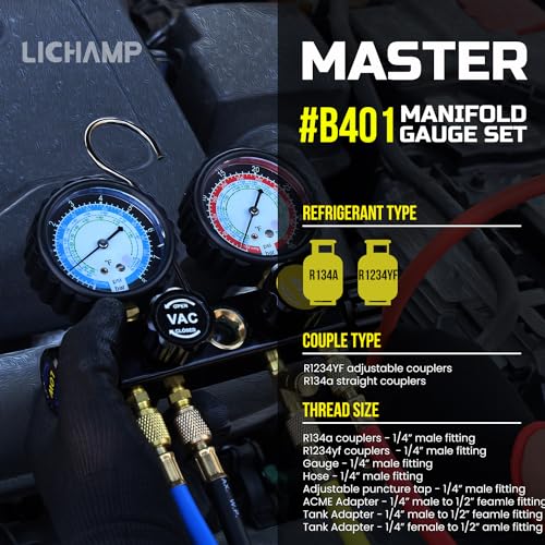 Lichamp مجموعة عدادات LICHAMP AC R1234YF R134A، مجموعة عدادات مانيفولد بأربعة صمامات متوافقة مع المبردات R1234YF و R134A، تعمل على شحن وتفريغ فريون السيارة - Image 2