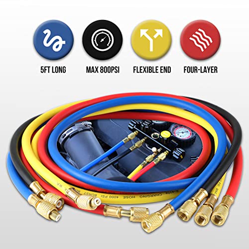 Lichamp مجموعة عدادات LICHAMP AC R1234YF R134A، مجموعة عدادات مانيفولد بأربعة صمامات متوافقة مع المبردات R1234YF و R134A، تعمل على شحن وتفريغ فريون السيارة - Image 5