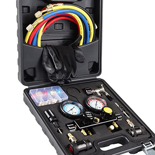 Lichamp مجموعة عدادات LICHAMP AC R1234YF R134A، مجموعة عدادات مانيفولد بأربعة صمامات متوافقة مع المبردات R1234YF و R134A، تعمل على شحن وتفريغ فريون السيارة - Image 1