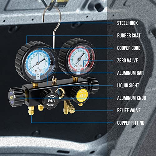 Lichamp مجموعة عدادات LICHAMP AC R1234YF R134A، مجموعة عدادات مانيفولد بأربعة صمامات متوافقة مع المبردات R1234YF و R134A، تعمل على شحن وتفريغ فريون السيارة - Image 4