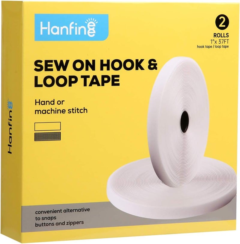 Hanfinee 1 Inch Width Sew on Hook and Loop Tape, Non-Adhesive Nylon Fabric Fastener Interlocking Tape for Sewing Crafts DIY,Clothes,Shoes (White,37ft) - Image 1