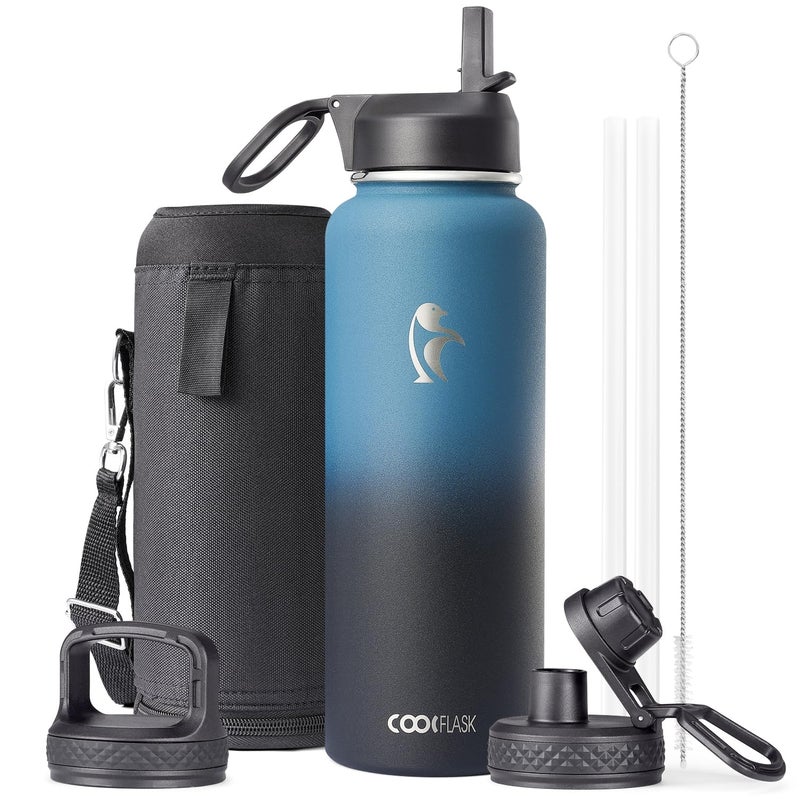 Water Bottle 40 oz Insulated with Straw Coolflask Stainless Steel Metal 3 Lids Water Flask for Sports or Office Keep Cold 48H Hot 24H Samurai Cyan