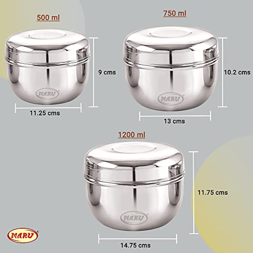 MARU Steel Kitchen Storage Container Set | Apple Shape Steel Dabba with Lid | Heavy Gauge Mirror Finish | Airtight Stackable Containers for Kitchen & Fridge Storage | 500ml, 750ml, 1200ml - Image 2