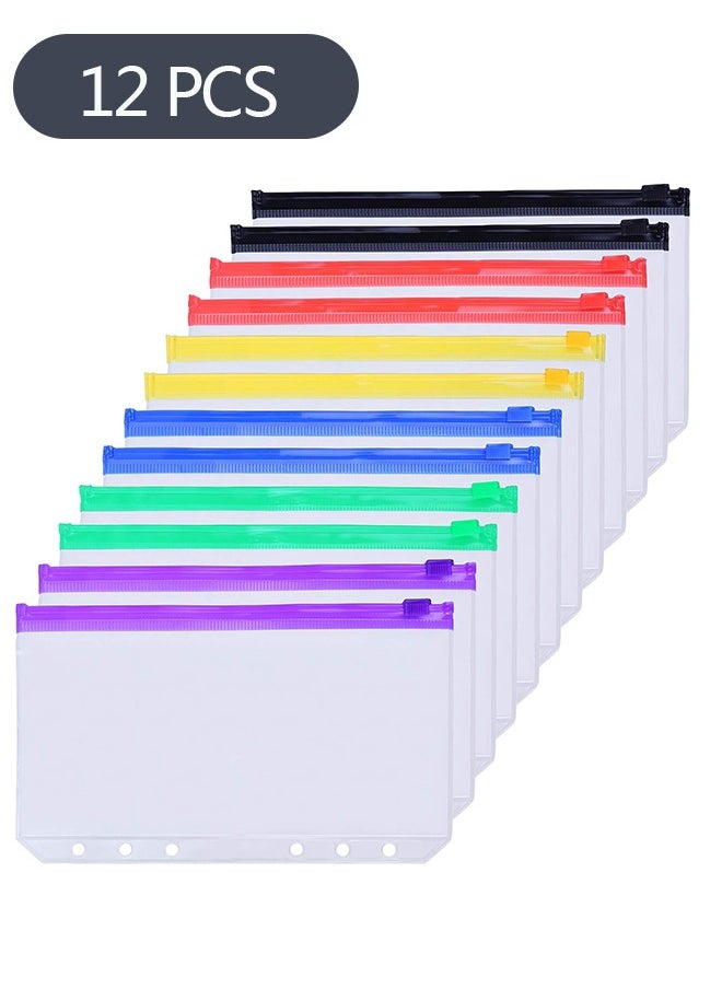 Ant - 12-Piece Binder Pockets A6 Size, Multicolor Zipper Folders for 6-Ring Binder Notebook Loose Leaf Bags, Waterproof PVC Pouch Document Filing Bags - Image 1