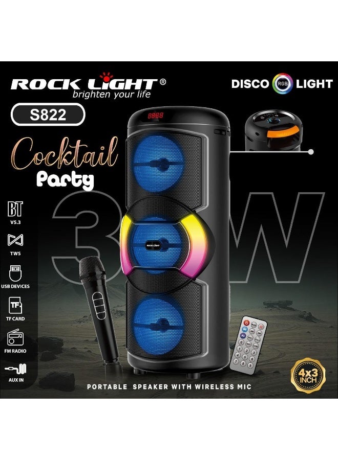 ROCK LIGHT S822 Cocktail Party Speaker, 30W, Triple 4x7 Woofers, Bluetooth, FM Radio, RGB Disco Lights, Wireless Microphone - Image 2