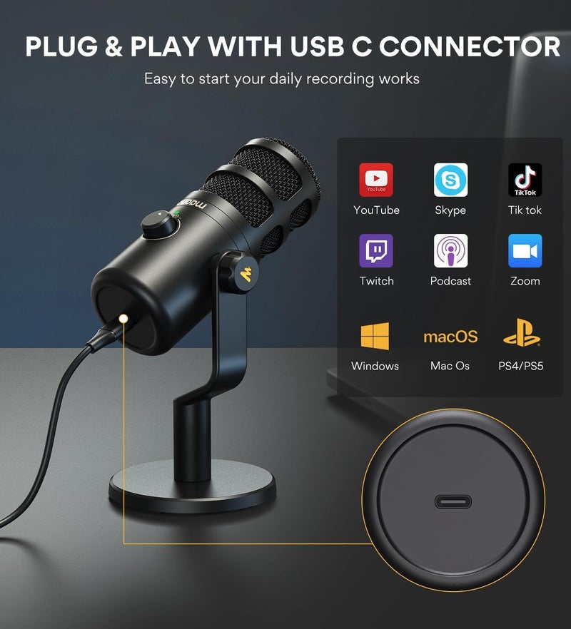 Maono USB Dynamic Microphone for Podcast: Podcast Recording Microphone Plug&Play for Recording, Streaming, VoiceOver, Voice Isolation Technology, Metal Mic, Works for Audio Interface Mixer (PD100U) - Image 4
