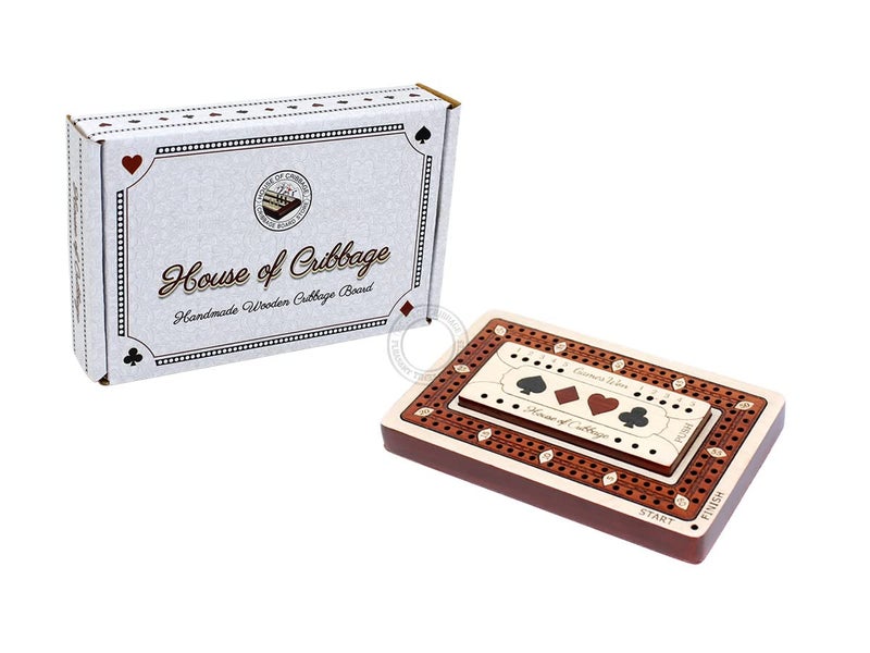 House of Cribbage - 2 Track - Wooden Travel/Pocket Size Cribbage Board - 4 Inch - Inlaid in Maple Wood/Bloodwood with Storage Space for Cribbage Pegs - 60 Points - Non Continuous - Image 4