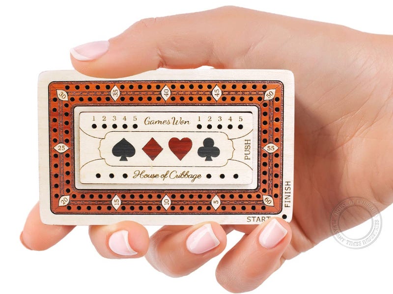 House of Cribbage - 2 Track - Wooden Travel/Pocket Size Cribbage Board - 4 Inch - Inlaid in Maple Wood/Bloodwood with Storage Space for Cribbage Pegs - 60 Points - Non Continuous - Image 1
