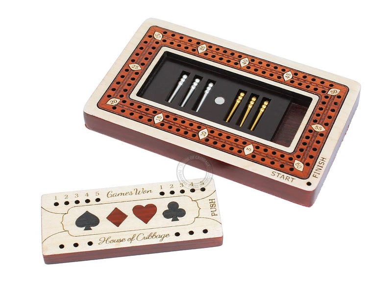House of Cribbage - 2 Track - Wooden Travel/Pocket Size Cribbage Board - 4 Inch - Inlaid in Maple Wood/Bloodwood with Storage Space for Cribbage Pegs - 60 Points - Non Continuous - Image 3