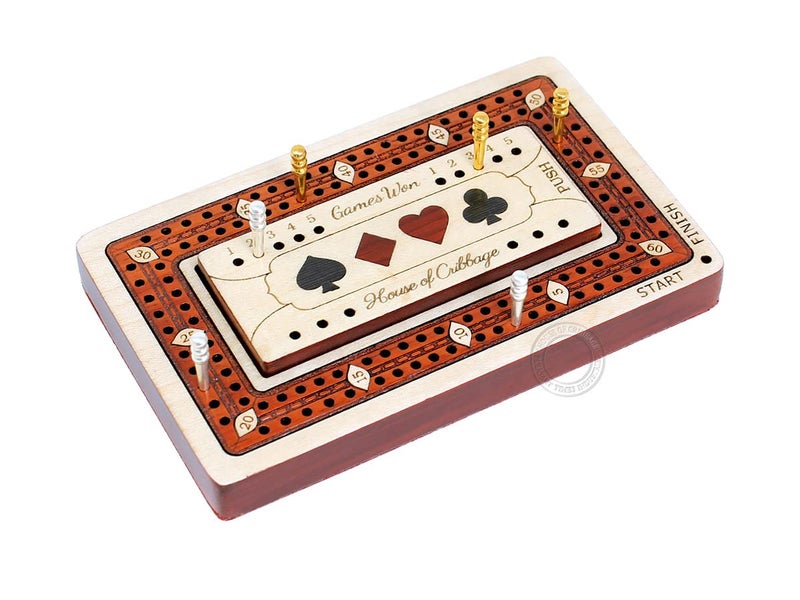 House of Cribbage - 2 Track - Wooden Travel/Pocket Size Cribbage Board - 4 Inch - Inlaid in Maple Wood/Bloodwood with Storage Space for Cribbage Pegs - 60 Points - Non Continuous - Image 2