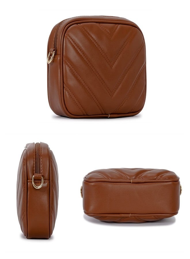 Herald Chevron Quilted Small Crossbody Bag with Coin Purse Pouch, Women Square Camera Side Shoulder 2 Size Handbags (Coffee) - Image 3