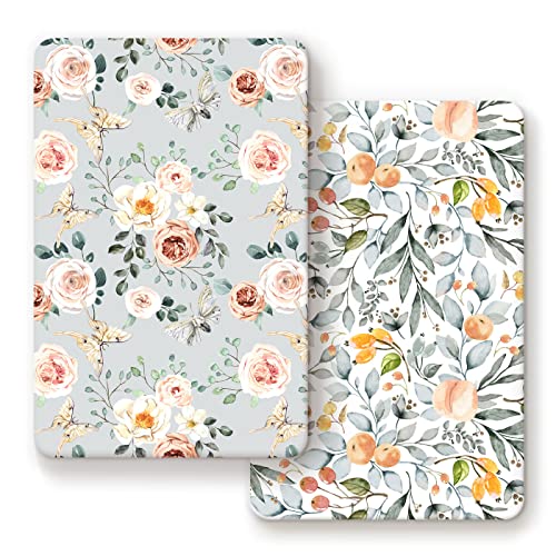 مجموعة شراشف GRSSDER القابلة للتمدد من الجيرسي الناعم للغاية لسرير اللعب القابل للنقل - 2 قطعة - شراشف سرير ميني للبنات بتصميم زهور وفواكه بالألوان المائية