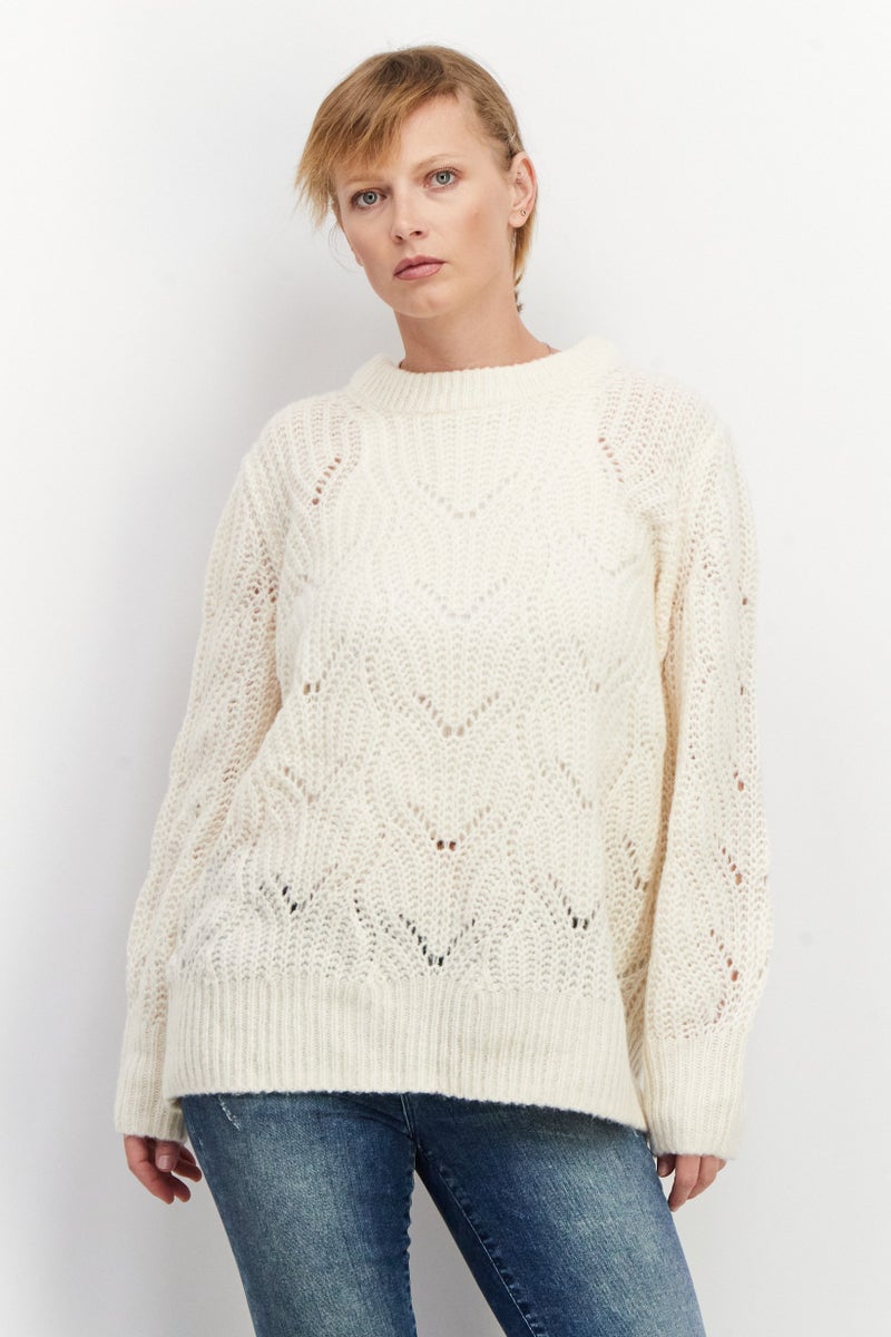 ESPRIT Women Crew Neck Textured Sweater, Off White - Image 1