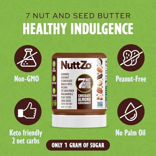 NuttZo Keto Chocolate Almond Coconut - 7 Nut And Seed Butter, Coconut, Brazil Nuts, Almonds, Pecans & More, Keto Friendly, Only 1g Sugar, No Added Oil, Non-GMO, Dark Chocolate, 2g Net Carbs, 12 oz Jar - Image 2