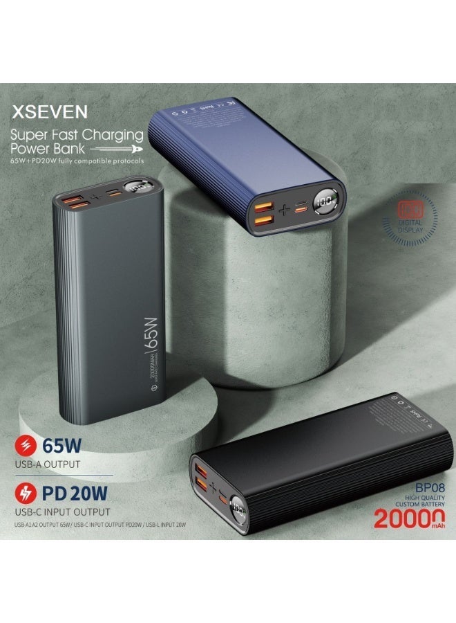 XSEVEN 20000mAh 65W Super Fast Charging Power Bank with Digital Display | PD 20W USB-C Input & Output, Dual QC 65W USB-A Ports Portable External Battery Charger for Laptops, MacBooks, iPhones, iPads, and Android - Image 3