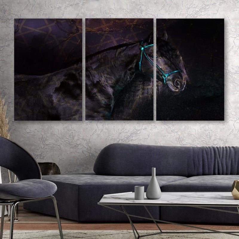 Marktna Three modern canvas paintings with a horse design and a hollow frame, measuring (90×40), three pieces - Image 1