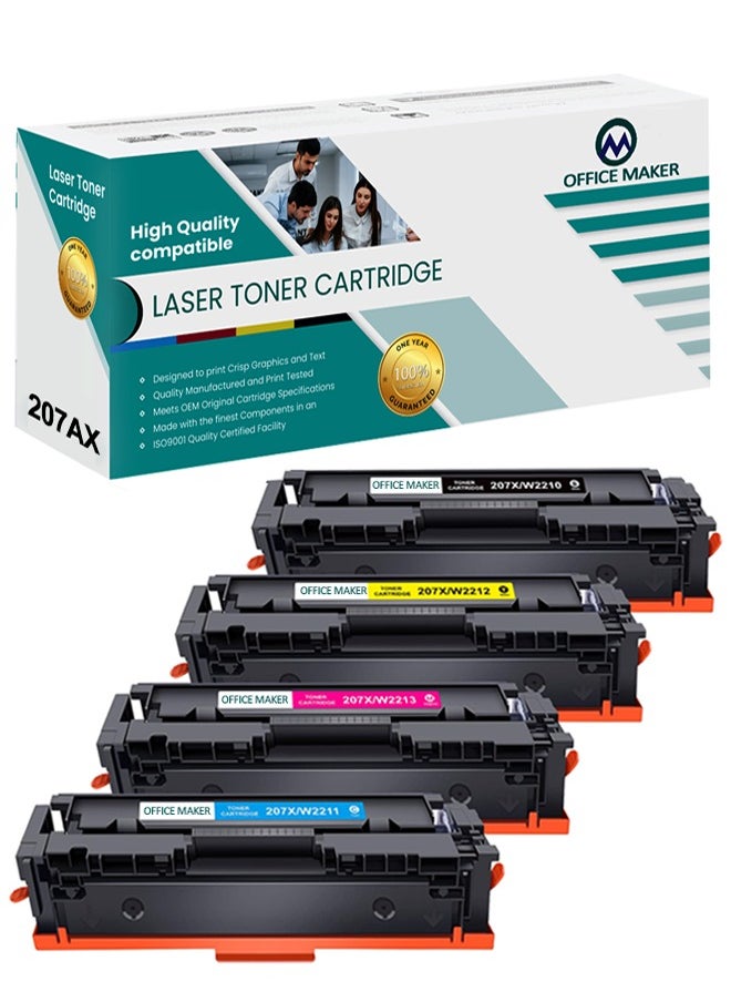 أوفيس ميكر High Capacity 207AX Toner Compatible for HP 207AX W2210A W2211A W2212A W2213A for HP Colour LaserJet Pro MFP M283fdw M283fdn M255dw M255nw M282nw Black Page Yield -3150,Color Page Yield-2450 4-Pack  - Image 1