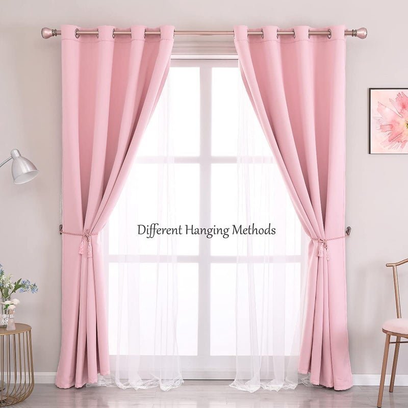 SOFJAGETQ Pink Blackout Curtains with Sheer Overlay, 2 Panels, Thermal Insulated & Soundproof, Lace Trim for Bedroom, Nursery, Living Room - Modern Pink Drapes, Room Darkening Curtains, 52x84 Inches - Image 2
