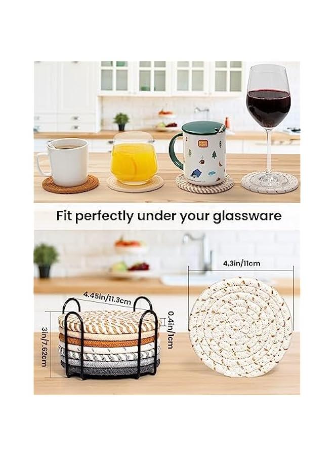 8 Pcs Drink Coasters with Holder, 8 Colors Absorbent Coasters for Drinks Minimalist Cup Coasters Cotton Coaster Set Woven Coasters for Coffee Table Home Decor Bar Housewarming Gift, 4.3 Inch - Image 2