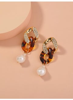 Generic Trendy Acrylic Gold Plated Womens Lock Chain Earrings Fashionable Geometric Shape Ear Jewelry Cross Double Ring Asymmetric NE984-Gold Diamond Leopard Plastic Pure White Faux Baroque Pearl Earrings 