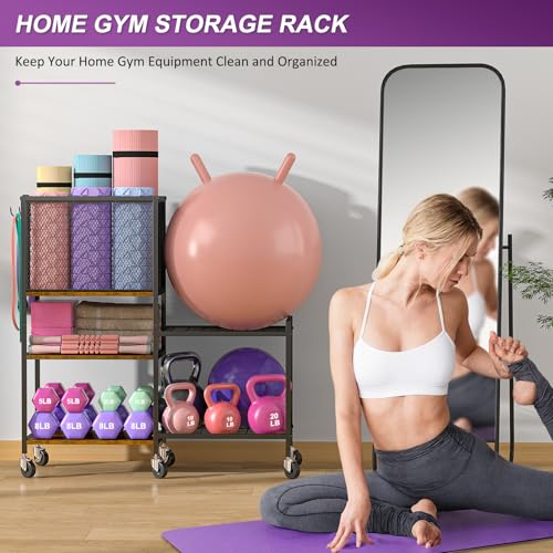 3IngSeagulls 5 Tier Dumbbell Rack, Yoga Mat Storage Holder, Home Gym Storage Rack, Workout Equipment Storage Organizer, Weight Storage Holder Rack with Hooks and Wheels - Image 3