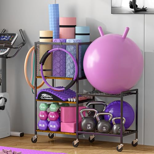 3IngSeagulls 5 Tier Dumbbell Rack, Yoga Mat Storage Holder, Home Gym Storage Rack, Workout Equipment Storage Organizer, Weight Storage Holder Rack with Hooks and Wheels - Image 1