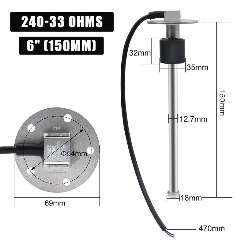 Geloo 6" 240-33ohm Boat Fuel Sending Unit - Marine Fuel Gauge Sensor - Image 3