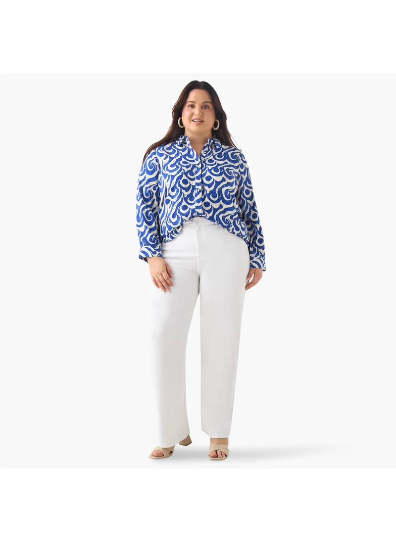 Ulla Popken Plus Size Ulla Popken Printed Shirt with Collar and Long Sleeves