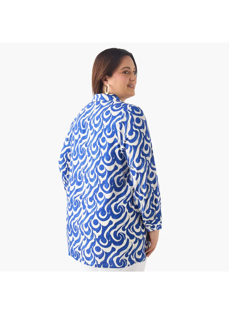  أولا بوبكن Plus Size Ulla Popken Printed Shirt with Collar and Long Sleeves