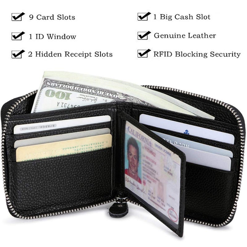 Huztencor Zipper Wallet Men Leather RFID Blocking Wallets for Men with Zipper ID Card Window Secure Zip Around Bifold Wallets Black(FBA) - Image 5