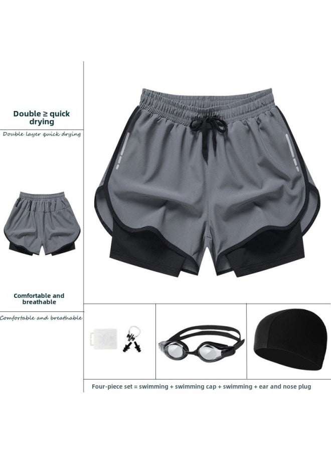 Generic - Men's Swim Trunks Swimming Trunks Men's Sports Double Layer Awkward Quick-drying Breathable Loose Shorts Beach Pants Three-point Running Pants-Color:Emerald Green 2-piece Set (swimming Trunks + Swimming Cap) 1001-Size:4xl 60-65kg - Image 1