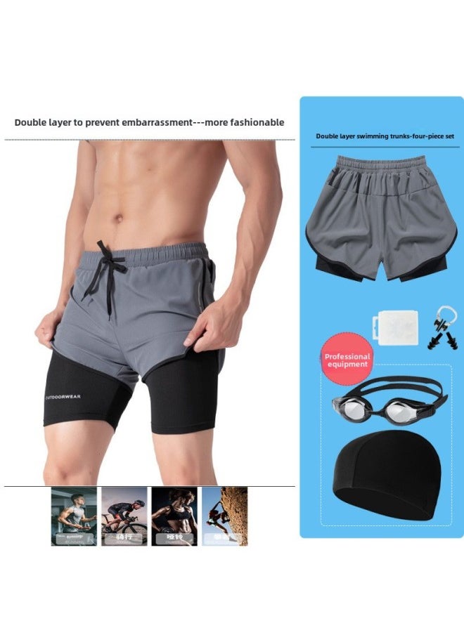 Generic - Men's Swim Trunks Swimming Trunks Men's Sports Double Layer Awkward Quick-drying Breathable Loose Shorts Beach Pants Three-point Running Pants-Color:Emerald Green 2-piece Set (swimming Trunks + Swimming Cap) 1001-Size:4xl 60-65kg - Image 1