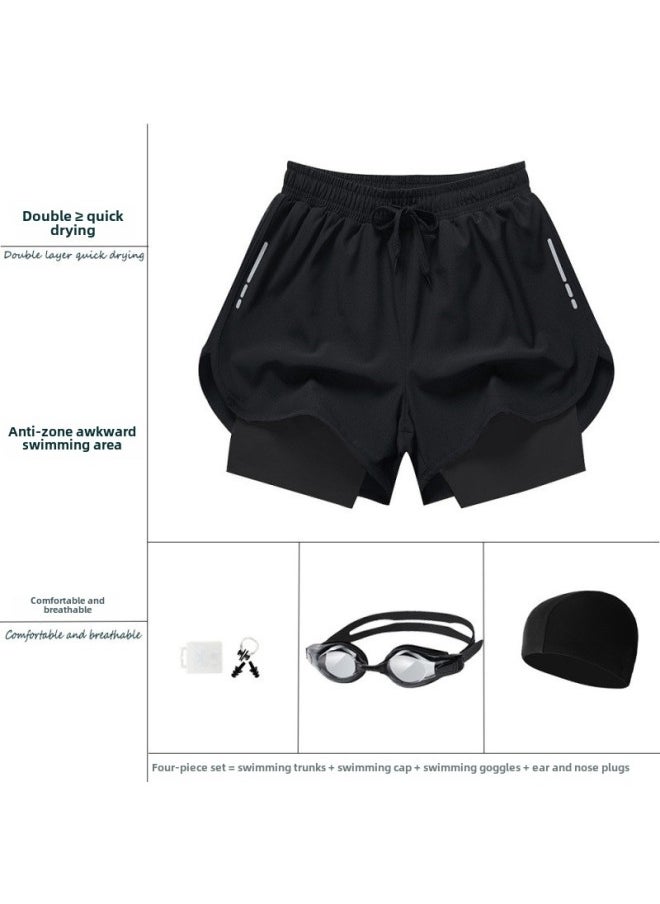 Generic - Men's Swim Trunks Swimming Trunks Men's Sports Double Layer Awkward Quick-drying Breathable Loose Shorts Beach Pants Three-point Running Pants-Color:Emerald Green 2-piece Set (swimming Trunks + Swimming Cap) 1001-Size:4xl 60-65kg - Image 1