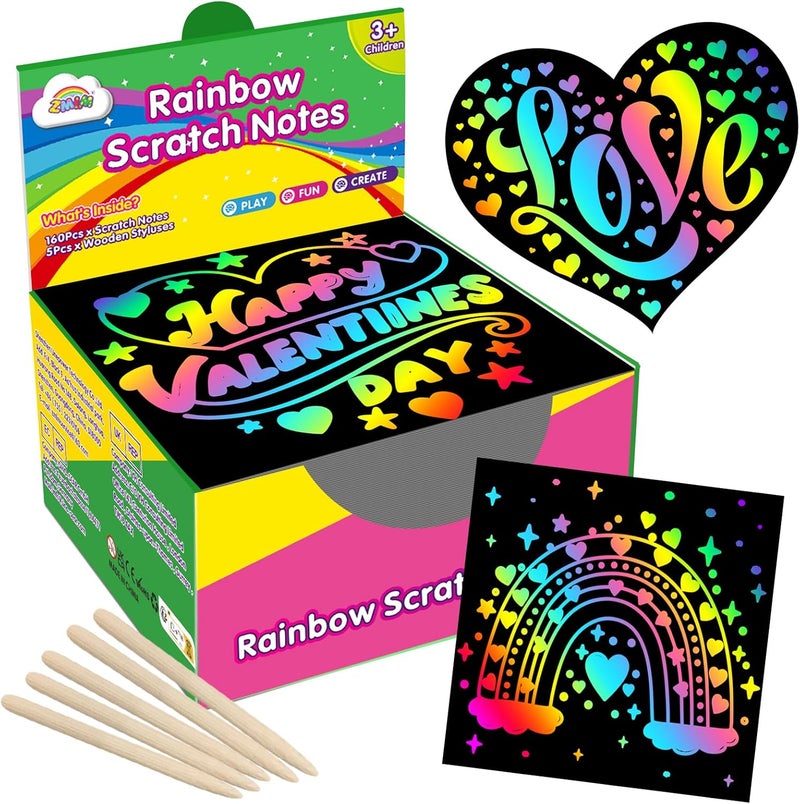 ZMLM 165 Rainbow Scratch Paper Art Notes: Kids Valentines Day Crafts Gifts Age 4 5 6 7 8 9 10 Years Old Girls Boys Toys Students Classroom Prizes School Activity Easter Basket Stuffers Essentials - Image 1