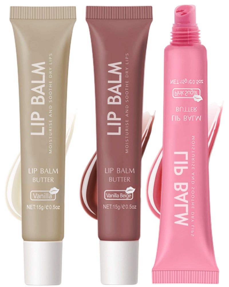 LYSdefeu Butter Tinted Lip Balm-3 Colors Vanilla Beige Brown Pink Sugar Lip Gloss,Clear Jelly Yummy Tint Lip Stain,Long Lasting Hydrating Glow Reviver Lip Care Oil, Christmas Makeup Gift for Women-Set A - Image 1