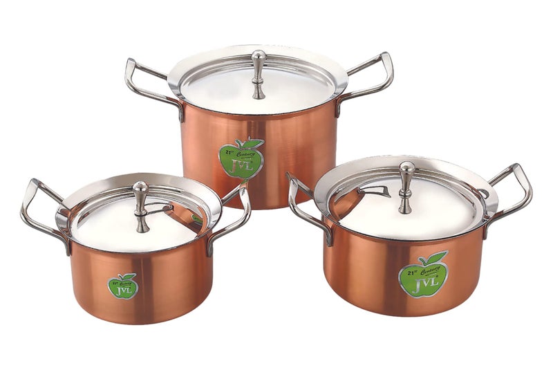 JVL وعاء/هندي من الفولاذ المقاوم للصدأ مع غطاء ومقبض مجموعة 750، 1100، 1700 مل، 3 قطع، مجموعة هندي من النحاس الكامل للطهي، مجموعة هندي للمطبخ، مجموعة هندي للتقديم JVL-NP-FC1 - Image 1