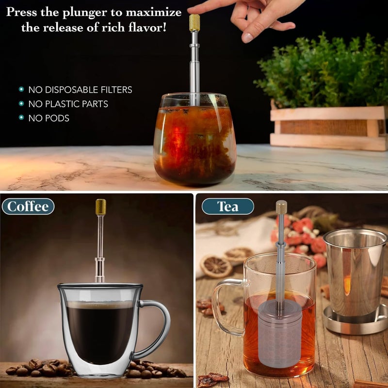 Angju Portable French Press - Stainless Steel Tea and Coffee Maker With Reusable Filter, Brew Plunger for Home & Travel - Image 3