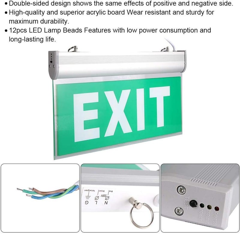 klarako Emergency Exit Sign, Acrylic Double-sided Green Compact Combo Exit Sign Emergency Light 3W 12 LEDs Emergency Exit Lighting Sign Safety Evacuation Indicator Lamp for Malls, Hotels, Hospitals, etc - Image 3