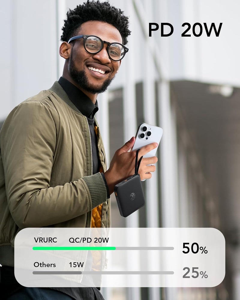 VRURC Power Bank, 20000mAh 22.5W Portable Charger with Built-in Cables, USB C In & Out Powerbank Fast Charging with LED Display Compatible with iPhone 16/15/14/13/12 Pro/Max Samsung Galaxy S23/S22 - Image 3