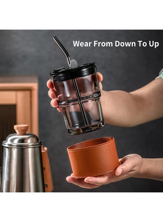 Gorgous Glass Tumbler With Silicone Straw and Lid 435ml, Cup With Leather Sleeve, Coffee Mug for Straw and Direct Drinking, Summer Travel Essential Bottle - Image 2