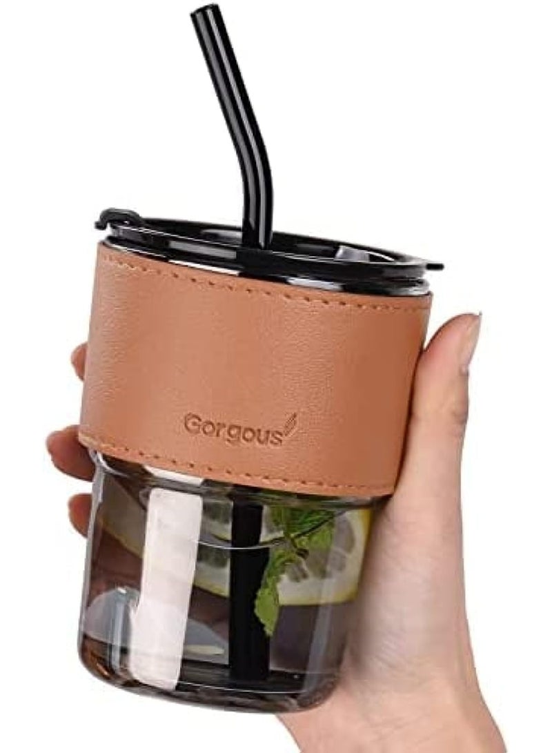 Gorgous Glass Tumbler With Silicone Straw and Lid 435ml, Cup With Leather Sleeve, Coffee Mug for Straw and Direct Drinking, Summer Travel Essential Bottle - Image 1